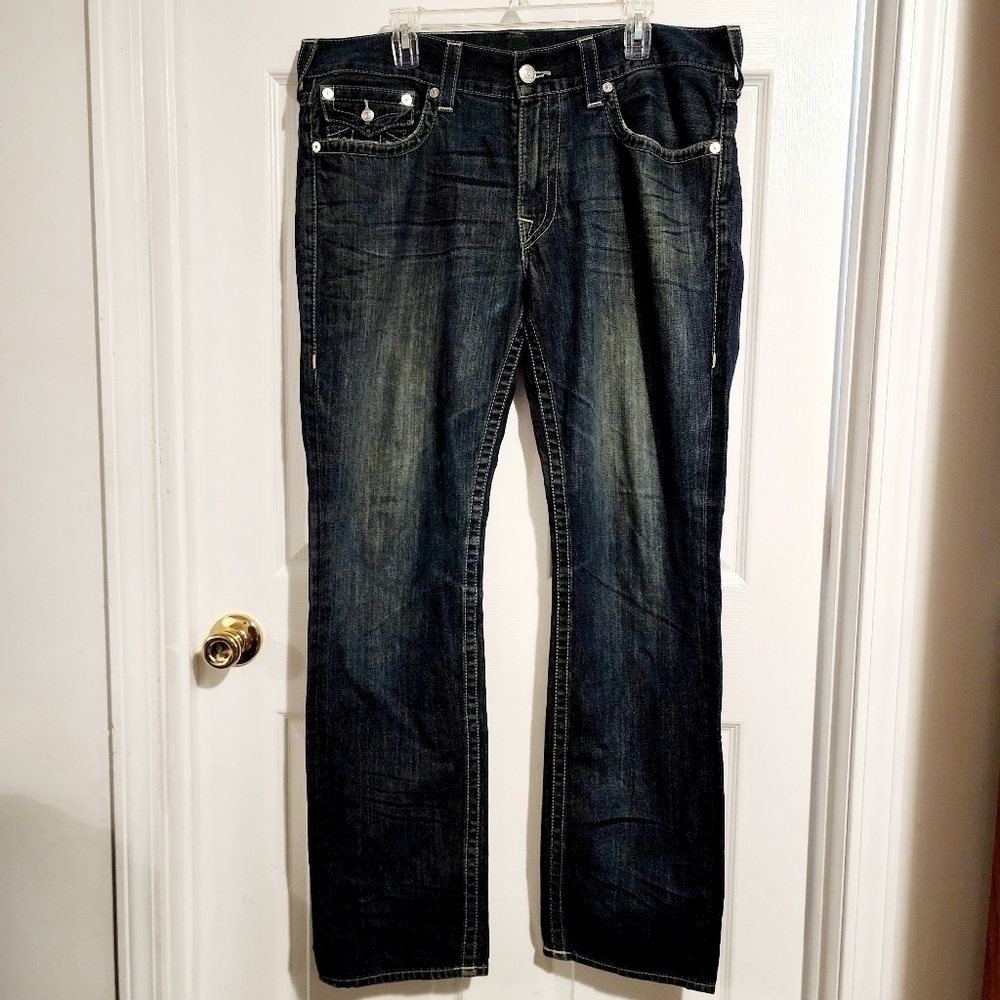 True Religion Men's Denim Blue Jeans Size 36 Slim 100% Cotton Distressed Ripped